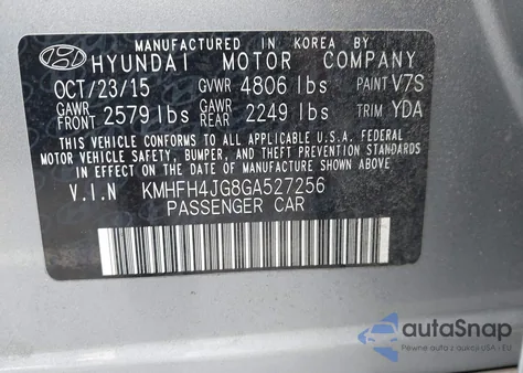 2016 Hyundai Azera Limited из США, поврежденный, VIN KMHFH4JG8GA527256